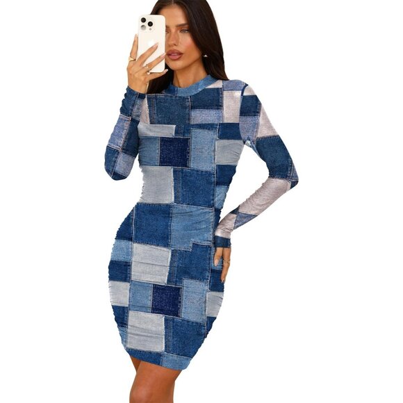 Women's Blue White Print Long Sleeve Ruched Bodycon Neck Mini Party Dresse - Picture 3 of 5